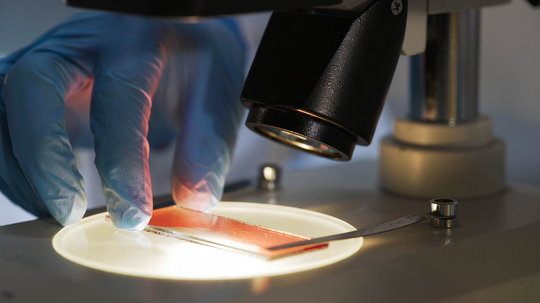 Photo shows medical scientist studying blood sample under microscope/Getty Images